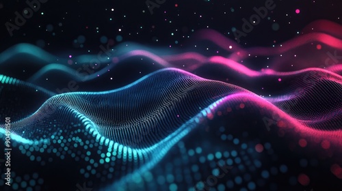 Luminescent digital wave pattern on a deep, dark backdrop, creating a futuristic feel.