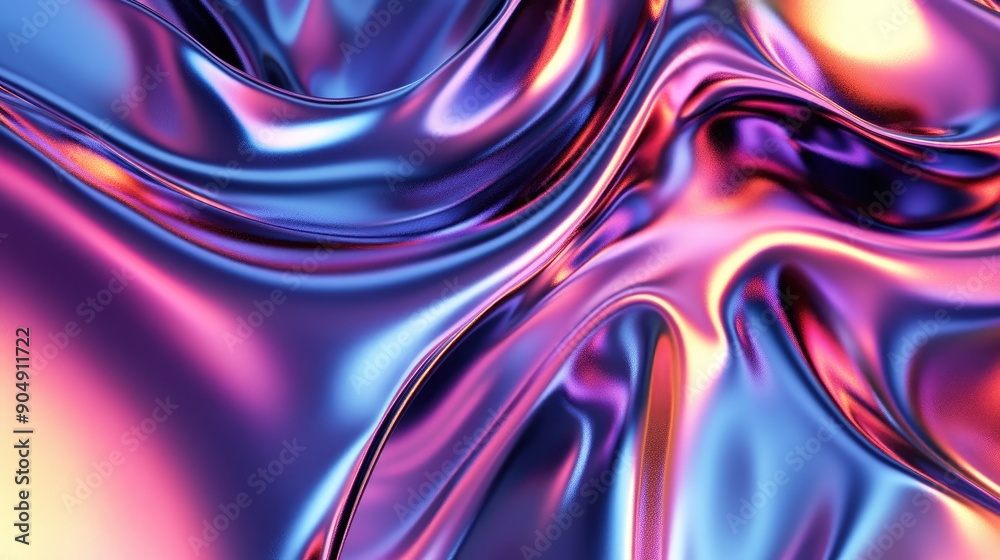 Fototapeta premium Metallic textured 3D shapes with fluid forms and gradient colors.