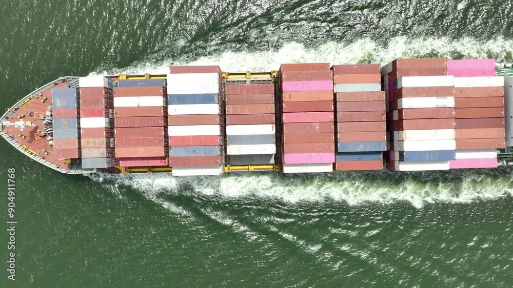Large container ship at sea. Top down view. Aerial top view of cargo container ship vessel import export container sailing.