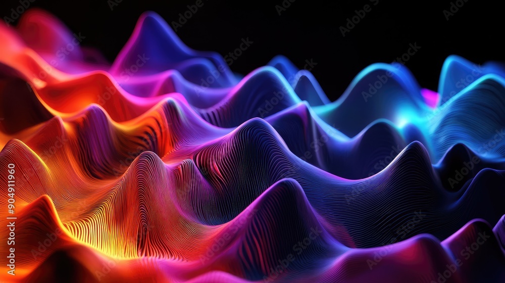 Fototapeta premium Multi-colored 3D waveforms on a dark background, evoking energy and motion.