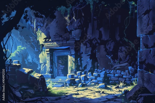Ancient temple ruins overgrown by jungle vegetation in the moonlight photo