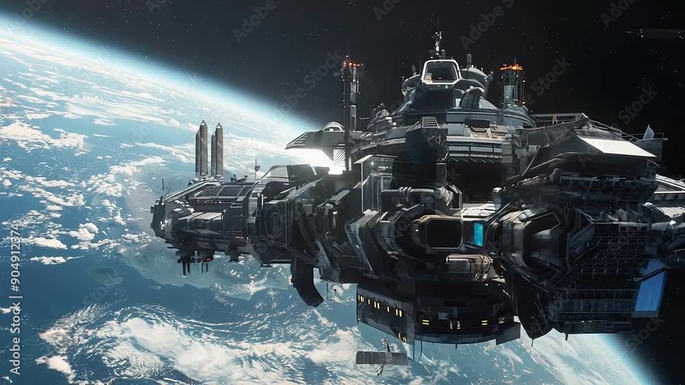 Majestic spaceship orbiting Earth in outer space Majestic spaceship orbiting Earth in outer space