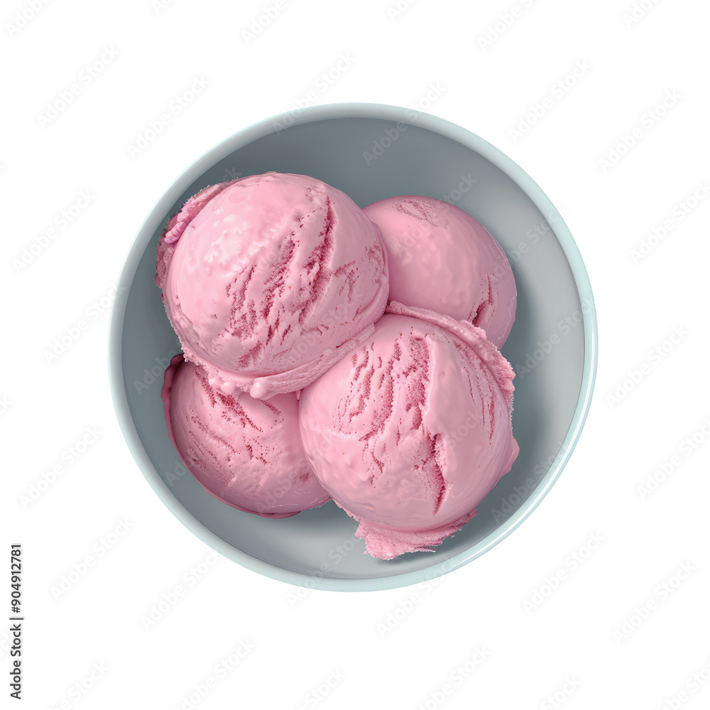 Pink ice cream in bowl captured from above against a transparent background. Pink ice cream in bowl captured from above against a transparent background.