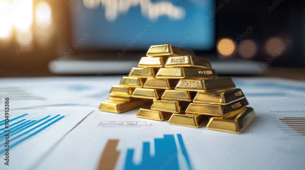 Shiny gold bars stacked with financial documents in the background, symbolizing wealth. Shiny gold bars stacked with financial documents in the background, symbolizing wealth.