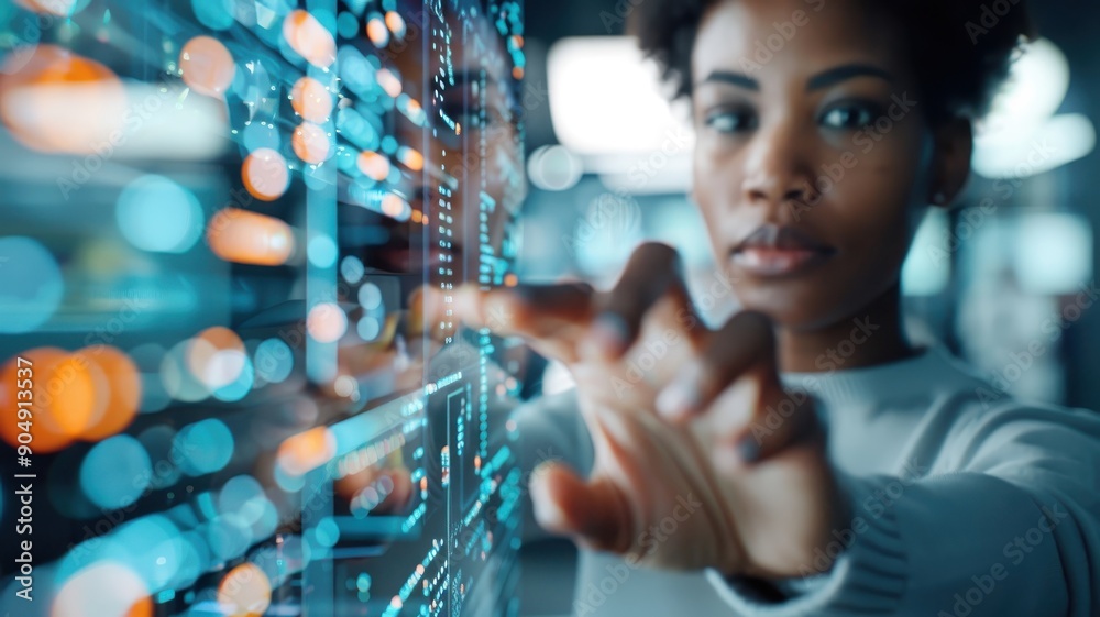 Dramatic image of a Black Afro-American data analyst manipulating a holographic data network. Dramatic image of a Black Afro-American data analyst manipulating a holographic data network.