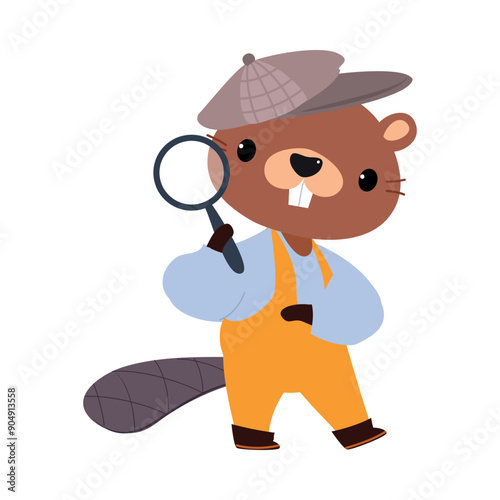 Beaver Animal Detective Character with Magnifier Investigating and Search for Evidence Vector Illustration