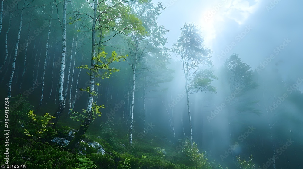 Obraz premium A serene forest scene with sunlight filtering through mist creates a calm, ethereal atmosphere, ideal for use in nature-themed projects, mindfulness applications, or relaxation visuals,