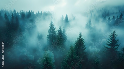 A misty forest with tall coniferous trees shrouded in fog, offering a tranquil and mystical atmosphere, ideal for nature, meditation, or adventure-themed projects,