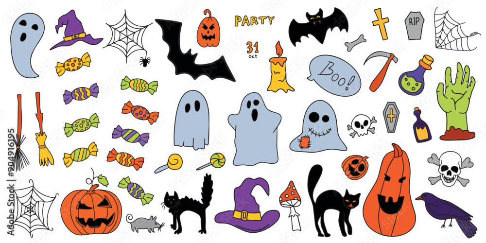Fototapeta premium Vector set of cliparts for Halloween hand-drawn doodles and engravings. A funny, cute illustration for seasonal design, textiles, decoration of a children's playroom or a greeting card