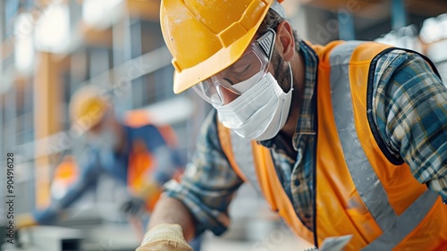 Laborer with protective mask, engaging in construction activities.