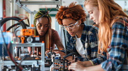 Diverse Group of College Students Collaborating on Engineering Project