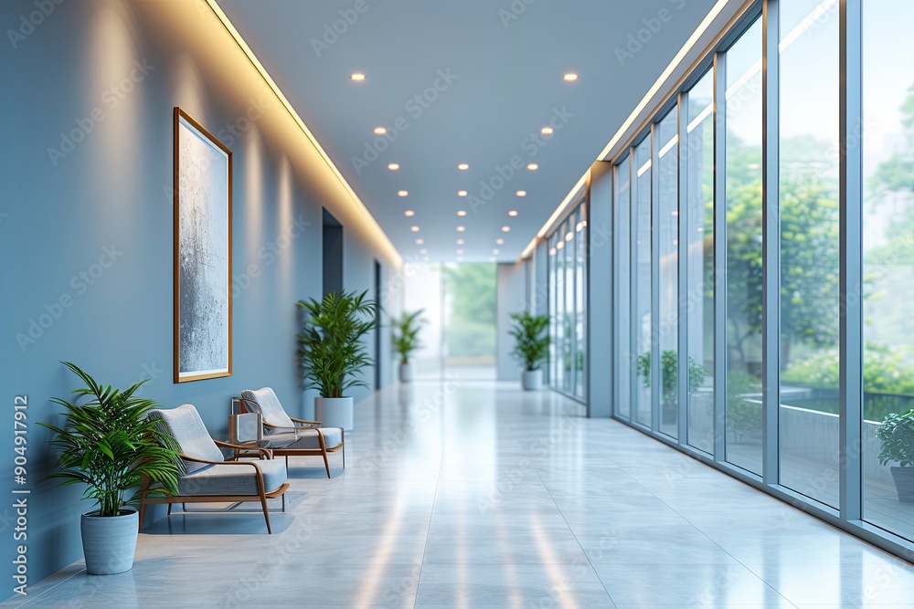 Long hallway with blue wall and windows Long hallway with blue wall and windows