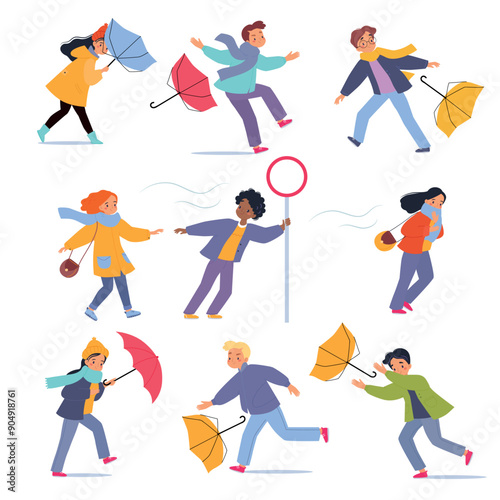 Bad Weather with Man and Woman with Umbrella Walk in Windstorm and Rain Vector Set