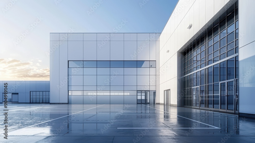 Exterior of a high-tech warehouse, sleek and modern Exterior of a high-tech warehouse, sleek and modern