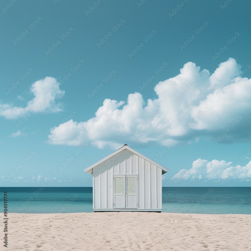 Calm background summer and small white house at beach and clouds Calm background summer and small white house at beach and clouds