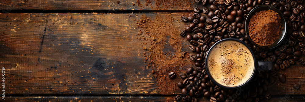 Coffee and cream liqueur, coffee beans roasted, with empty copy space, and ground coffee on the old wooden background Coffee and cream liqueur, coffee beans roasted, with empty copy space, and ground coffee on the old wooden background