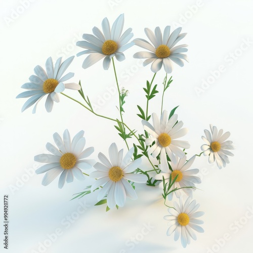 3D Render, Low Poly style of chamomile flowers, on isolated white background, Generative AI