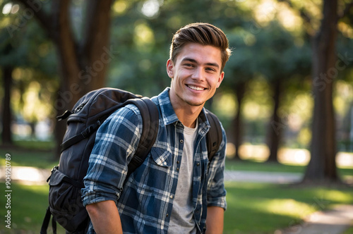 Young and handsome american man holding bag smiling in park