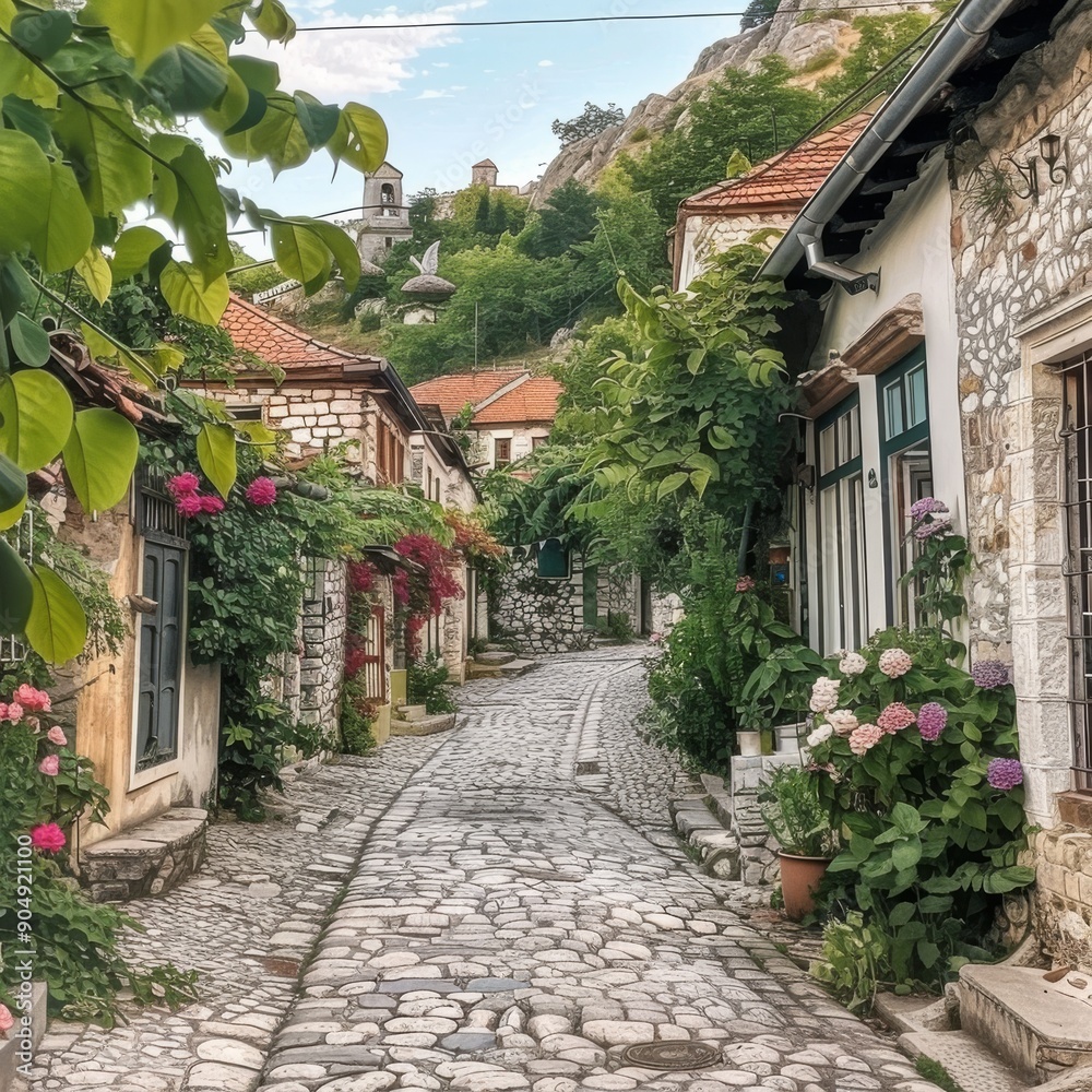Charming old village with cobblestone streets and quaint houses calm background Charming old village with cobblestone streets and quaint houses calm background
