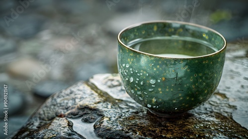 Ceramic Cup of Green Tea on Textured Stone Surface, Evoking Calm and Tranquility photo