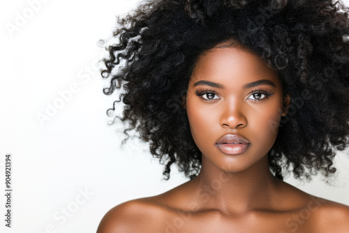 Stunning African American Woman with Natural Curly Hair and Flawless Skin