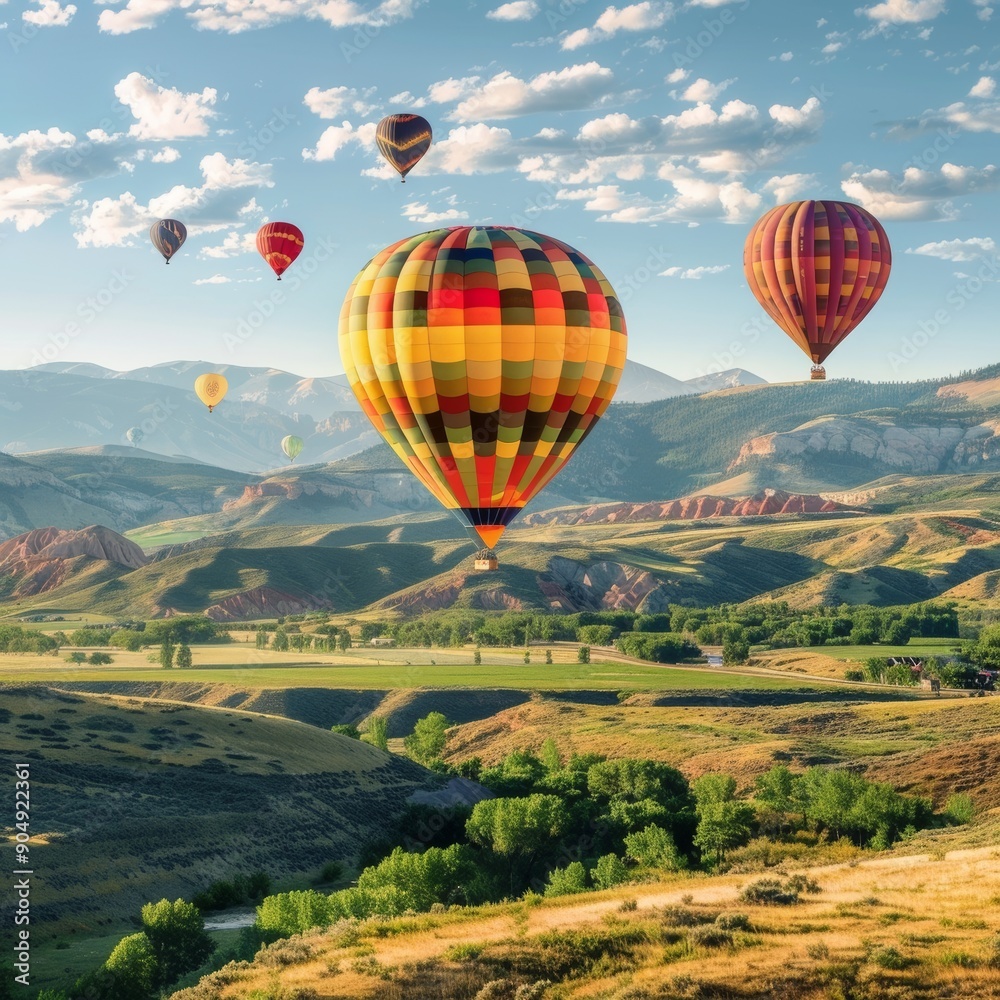 Fototapeta premium Colorful hot air balloons floating over a picturesque green valley