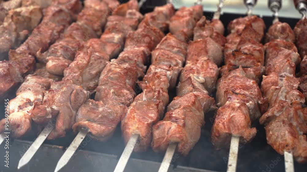 Kebab skewer meat dish. BBQ meat on grill. Kebab skewer meat dish. BBQ meat on grill.