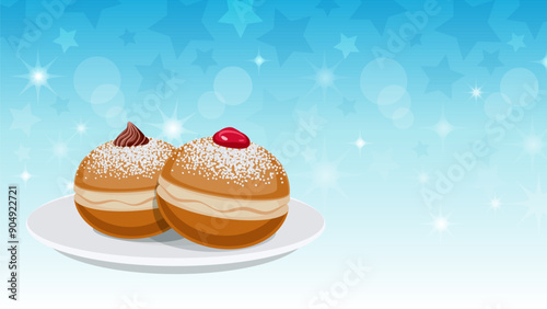 Doughnuts on a shiny blue background. Design template for Jewish holiday Hanukkah. Winter holiday background.