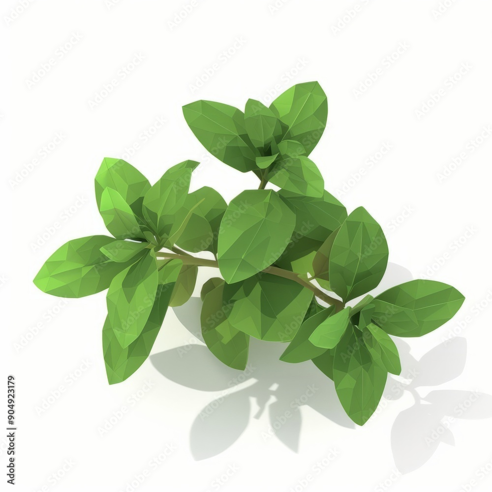 3D Render, Low Poly style of oregano leaves, on isolated white background, Generative AI 3D Render, Low Poly style of oregano leaves, on isolated white background, Generative AI