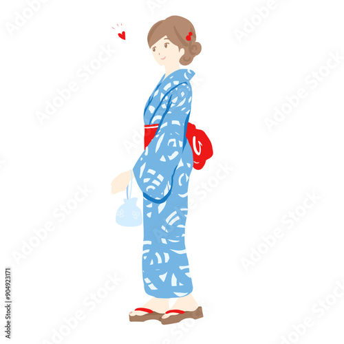 浴衣姿の若い女性の全身イラスト。巾着袋を手に持って笑っている。