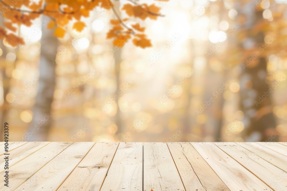 Autumn Glow: Empty Wooden Table with Golden Fall Foliage Background Autumn Glow: Empty Wooden Table with Golden Fall Foliage Background