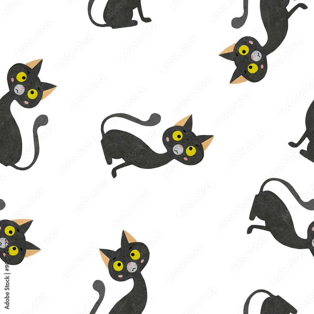 Seamless watercolor Halloween pattern with a black witch cat Seamless watercolor Halloween pattern with a black witch cat