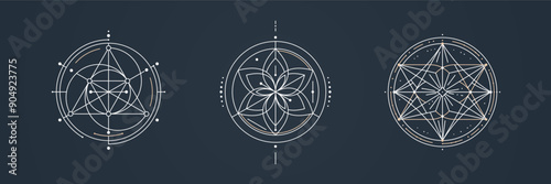 Set of sacred geometry logo featuring intricate thin lines. Floral and star shape. Mystical aesthetic. Vector illustration for logo, tattoo, print design