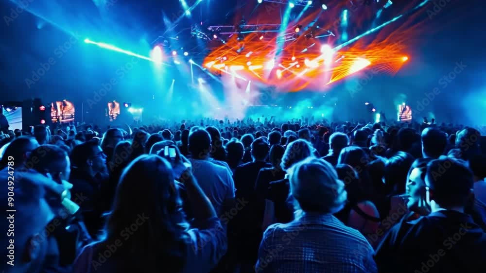 Crowd, concert and music festival, party and dance, jumping and social nightclub, edm youth culture and rave show. Top view of happy audience, fans and disco performance, band, dj event and dancing