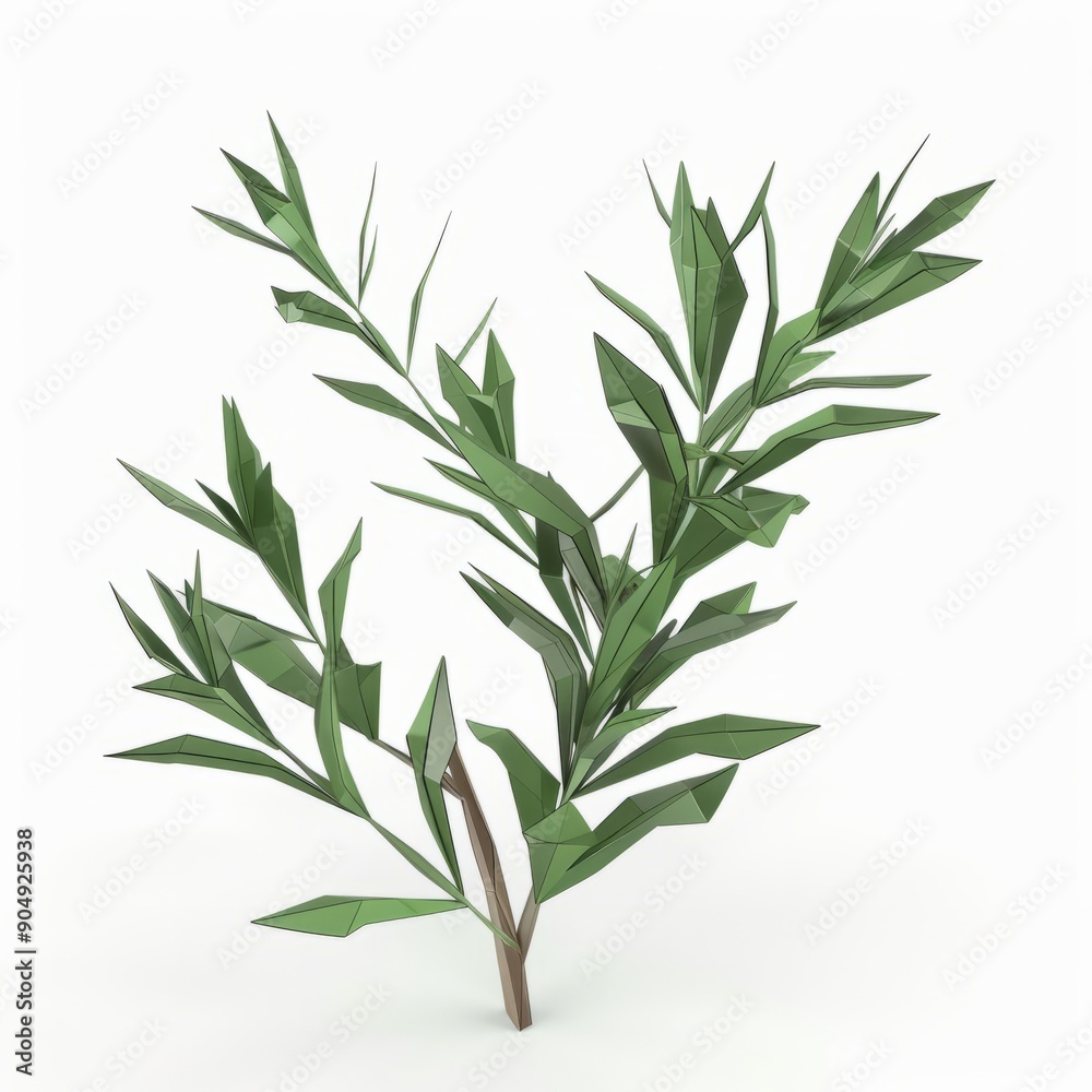 Naklejka premium 3D Render, Low Poly style of rosemary sprig, on isolated white background, Generative AI