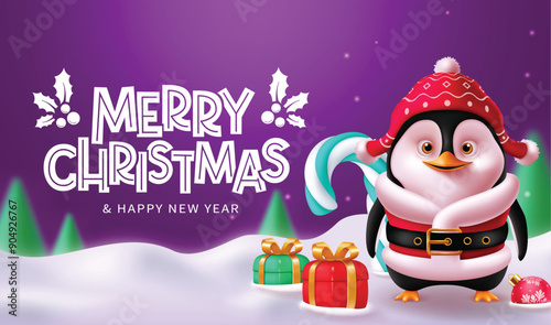 Merry christmas greeting vector design. Christmas penguin character with gift box, candy cane and pine tree elements in night snow winter background. Vector illustration holiday greeting card design. 