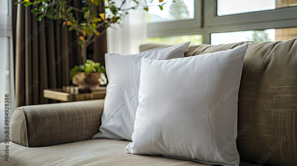 Fototapeta premium Blank white polyester pillow with no pillow sitting on a couch