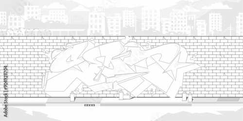 Trendy Brick Wall With Street Art Graffiti Drawing Coloring Page With Background Of The Cityscape