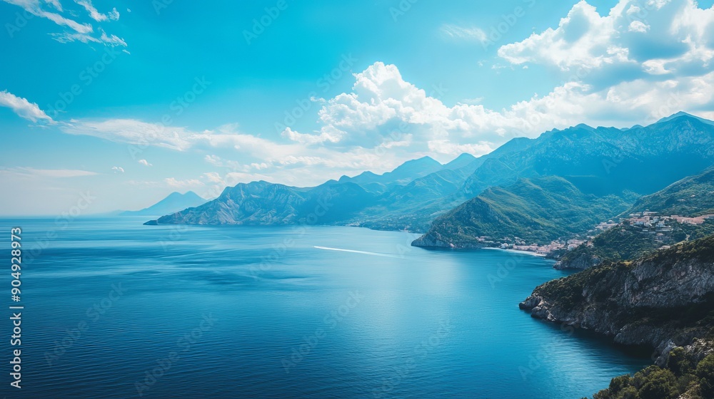 Obraz premium A high-angle view of the sea and mountains against a blue sky.