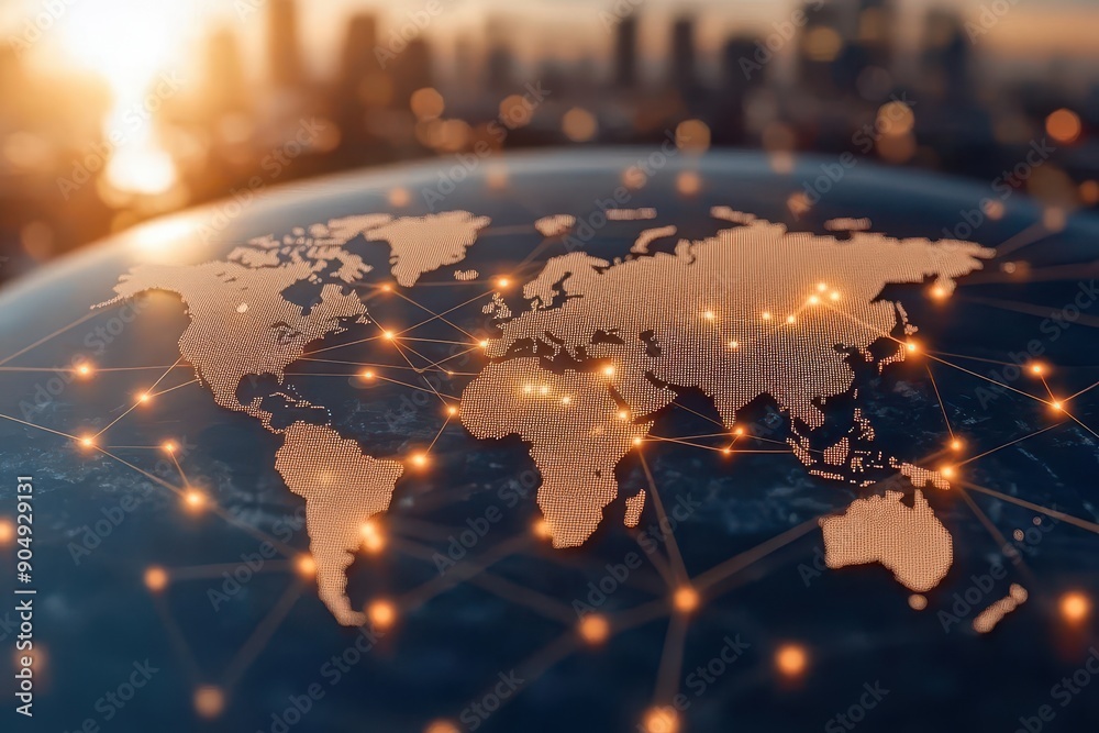A detailed close-up of a world map with glowing connections, illustrating global communication and networking. A detailed close-up of a world map with glowing connections, illustrating global communication and networking.
