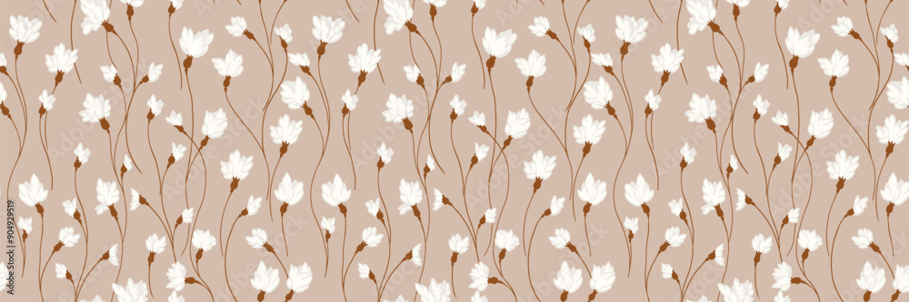 Fototapeta premium Beige pattern with creative florals stems. Abstract artistic branches with tiny flowers small buds intertwined in a seamless background. Vector hand drawing. Simple ornament for designs, print