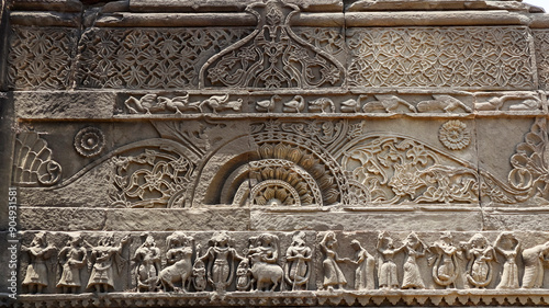 Принти на полотні Beautiful ancient carvings and Krishna Leela on the fort walls, Nurpur, Himachal Pradesh, India
