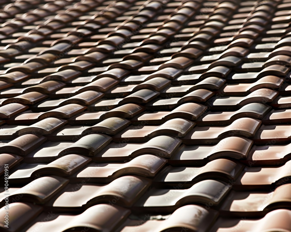 Detailed close up of ceramic tile on wooden frame of new roof in photography shot Detailed close up of ceramic tile on wooden frame of new roof in photography shot