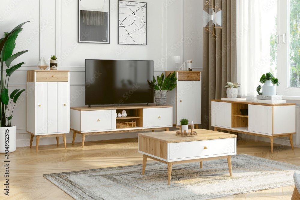 Scandinavian design white oak living room furniture set with tv unit, coffee table sideboard Scandinavian design white oak living room furniture set with tv unit, coffee table sideboard