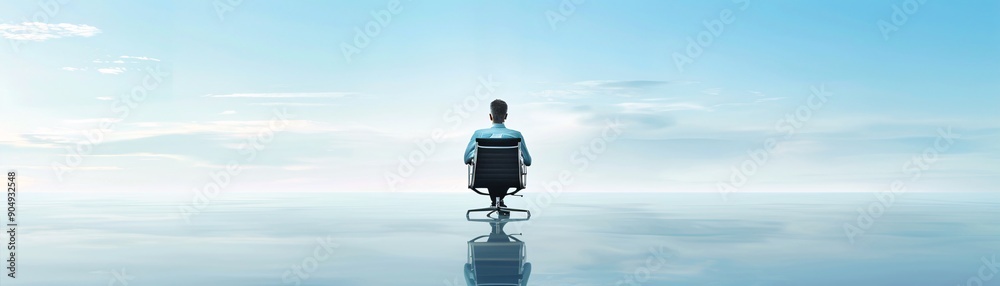 Fototapeta premium Magazine style cover image showing a serene landscape with a businessman contemplating investments during a recession, representing the challenges and strategies involved