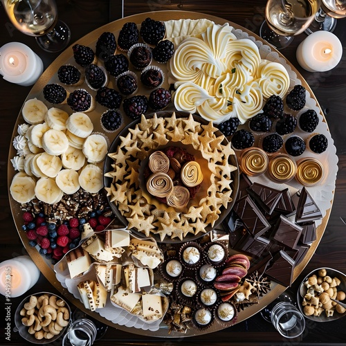 Luxurious festive platter with exquisite sweets and fruits. Elegant combination of chocolate, berries, and decorative elements creates a luxury party atmosphere. Candles add coziness and warmth