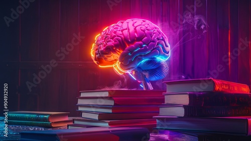 Brain on a pile of books. idea brain with neon lights with copy space area for text