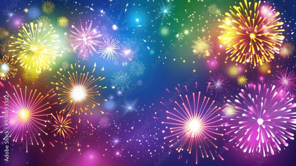 Naklejka premium Beautiful celebration golden, red, blue sparkling fireworks over starry sky. Holidays symbol background