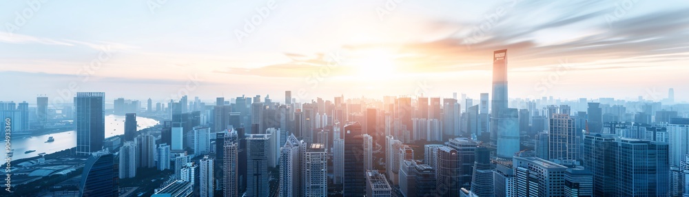 Fototapeta premium Magazine style cover image of a cityscape at dusk with a prominent financial district, symbolizing the broader economic cycles and their impact on investments