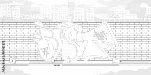 Abstract Brick Wall With Street Art Graffiti Drawing Coloring Page With Background Of The Cityscape
